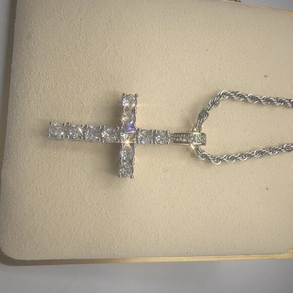 Cubic Zirconia Cross Pendant Necklace Stainless Steel Silver - Picture 5 of 7